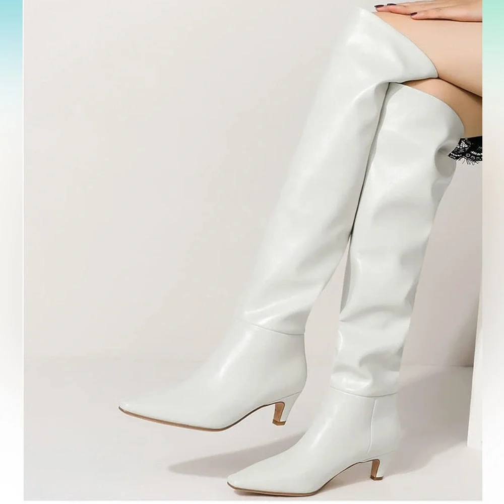 Square Toe Slip On Wide Calf Slouch Low Kitten Heel Over The Knee High Boots